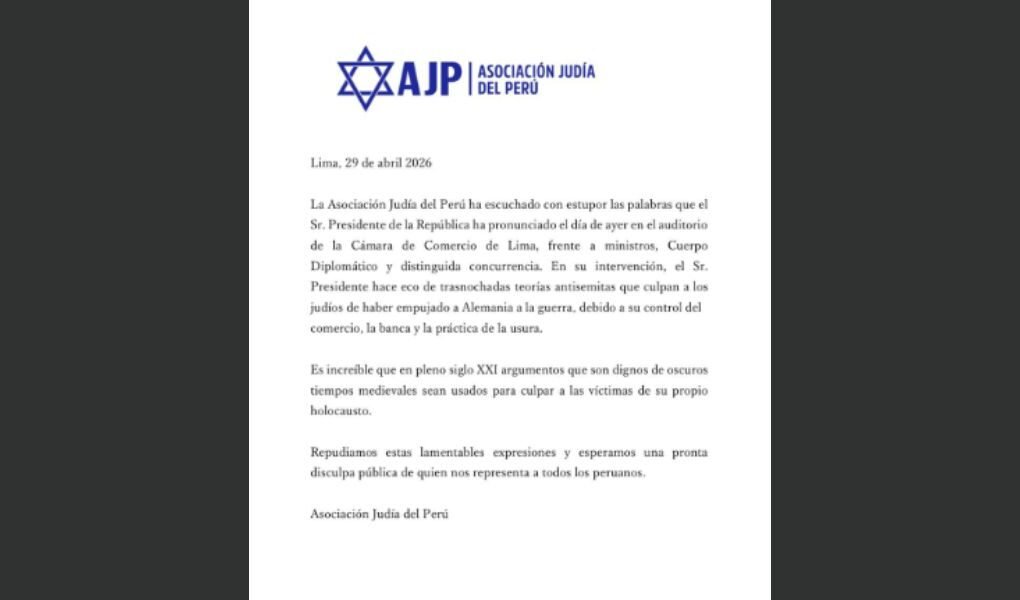 La Asociación Judía del Perú expresó su rechazo a desafortunadas declaraciones del presidente José María Balcázar sobre teorías antisemitas