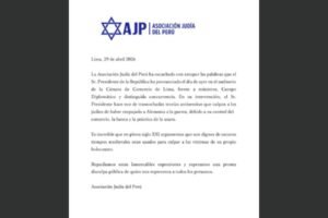 La Asociación Judía del Perú expresó su rechazo a desafortunadas declaraciones del presidente José María Balcázar sobre teorías antisemitas