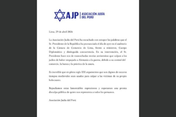 La Asociación Judía del Perú expresó su rechazo a desafortunadas declaraciones del presidente José María Balcázar sobre teorías antisemitas